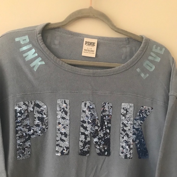 Pink Victoria’s Secret Blue Sequins Logo 3/4 Sleeve Shirt - Picture 5 of 9